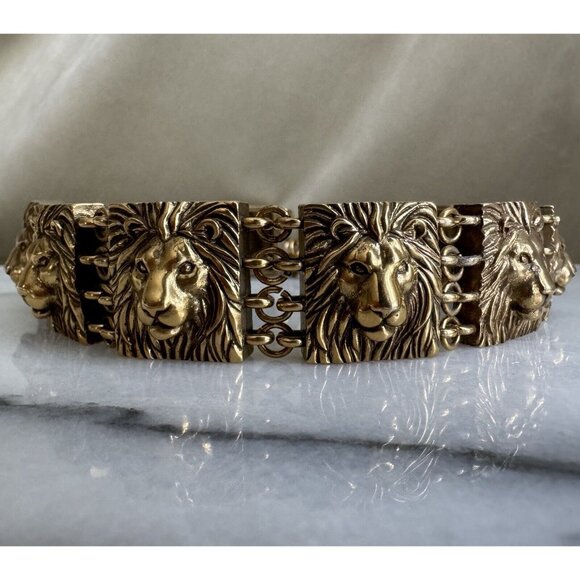 Anne Klein Couture Vintage Lion Link Choker Chunky Necklace Brushed Gold - Picture 2 of 8